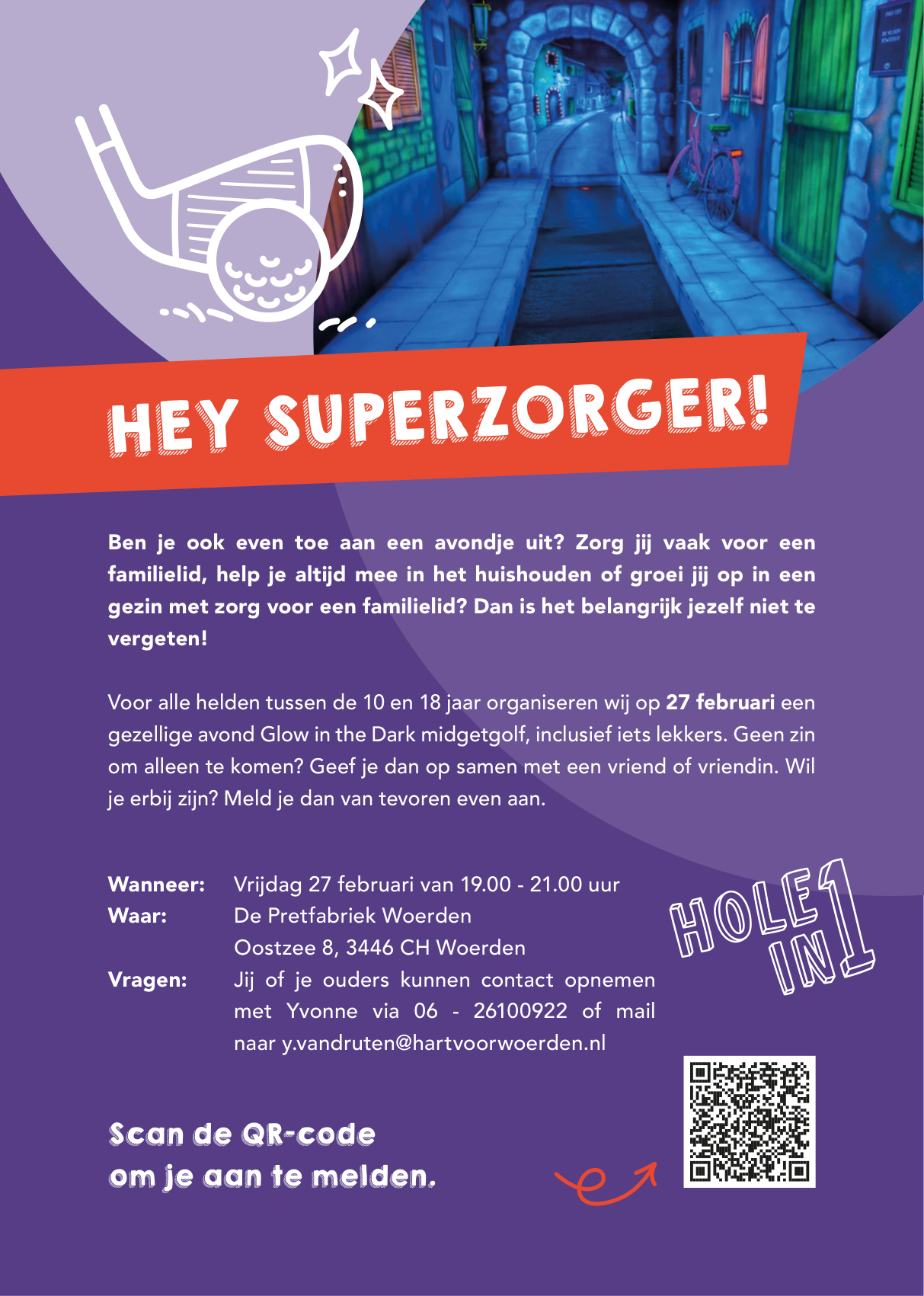 Uitnodiging Glow in the Dark midgetgolf voor jonge mantelzorgers